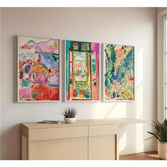 Colorful abstract wall art set of 3 pink canvas prints boho artwork for bedroom - Picture 3 of 8